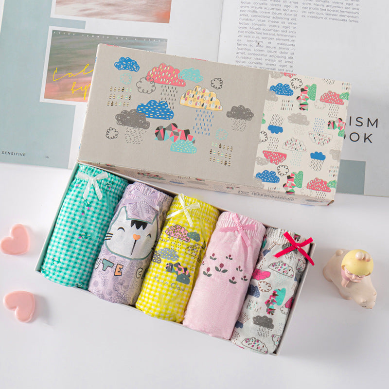 5-Piece "Rainy Cloud" & Cute Cat Cotton Briefs Set – Pastel Dreams Gift Box